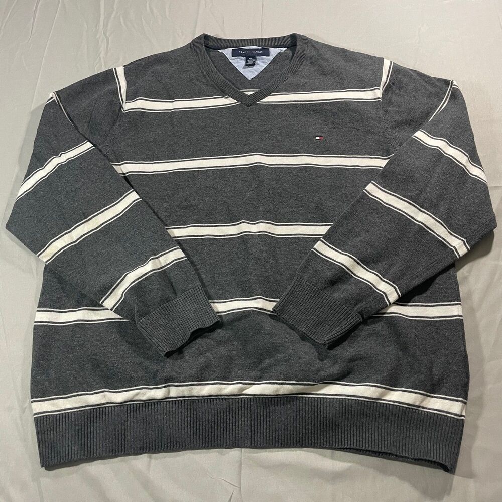 Tommy Hilfiger V-Neck Pullover Sweater Gray Striped Cotton Long Sleeve Men's 2XL